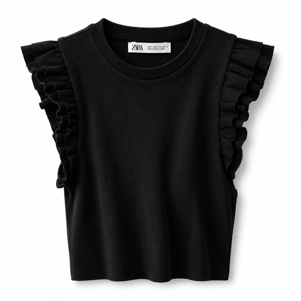 Zara Black Ribbed Ruffle Flutter Sleeve Crop Top Women's Size Small Stretch
